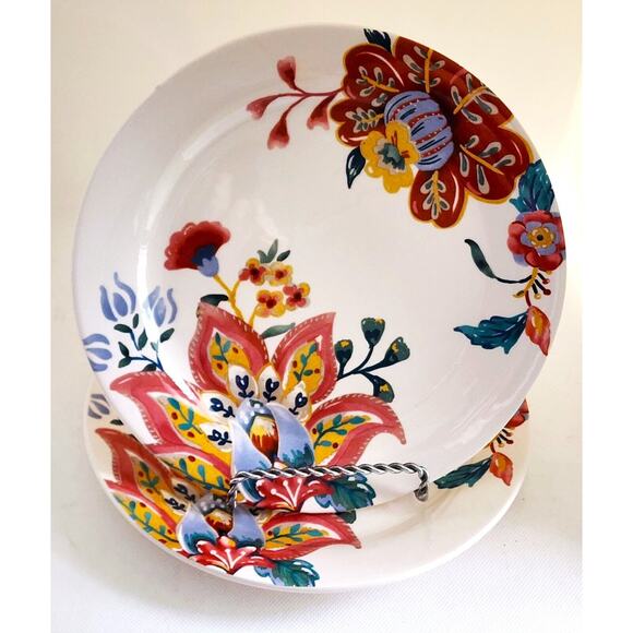 Plates-Pier 1-Salad/Dessert-Floral-Cream with Coral Flowers-Buffet-Set of 2 - Picture 2 of 8